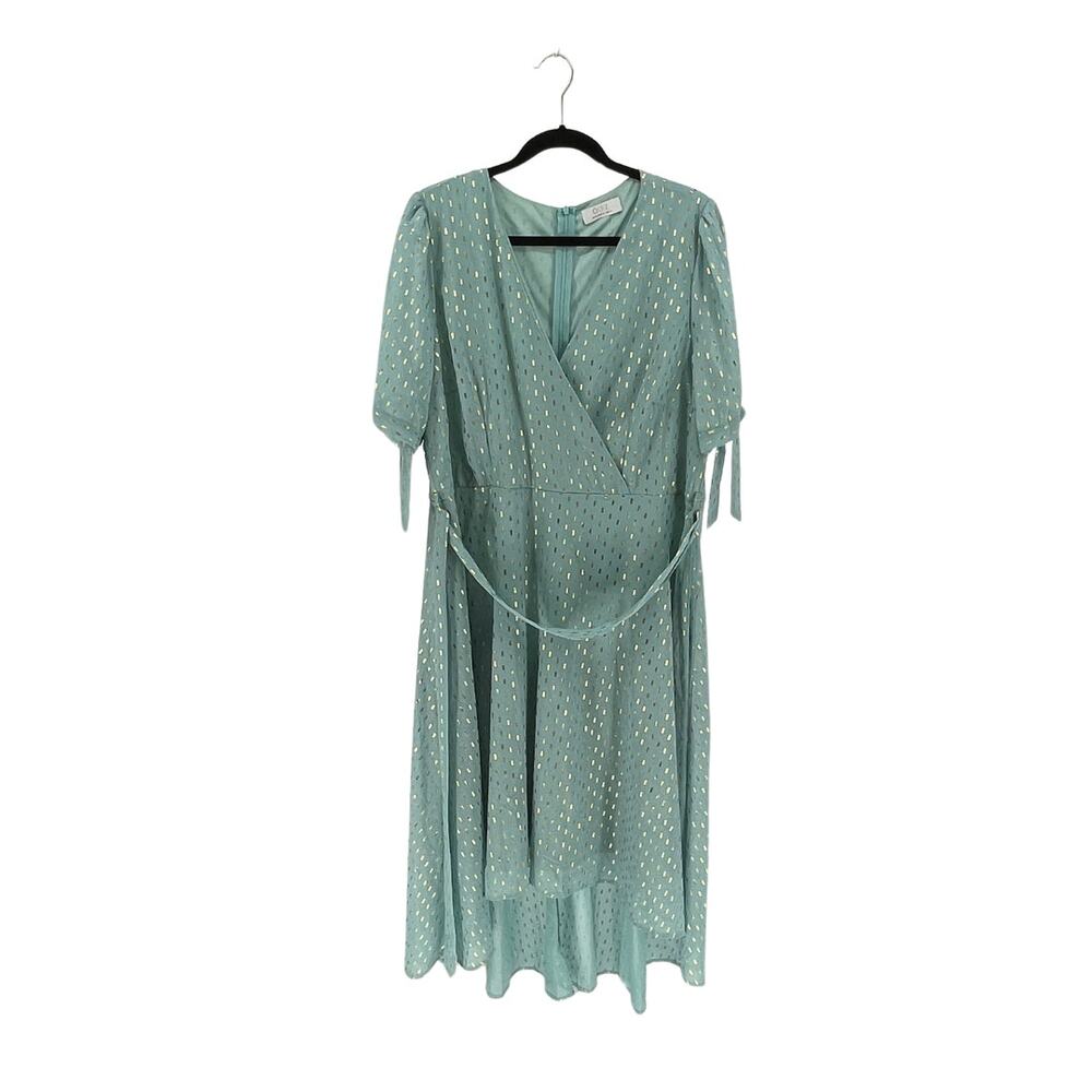 Quiz Women's Sea Green and Gold Metallic Midi Wrap Dress - Size 14